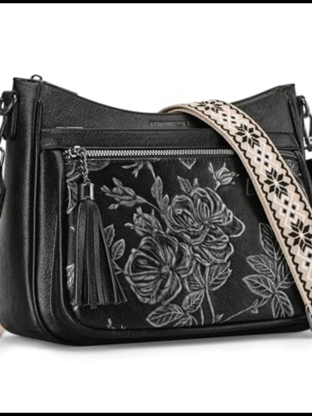 Vegan Leather Crossbody Bag Medium Floral Embossed Wide Boho Strap Purse